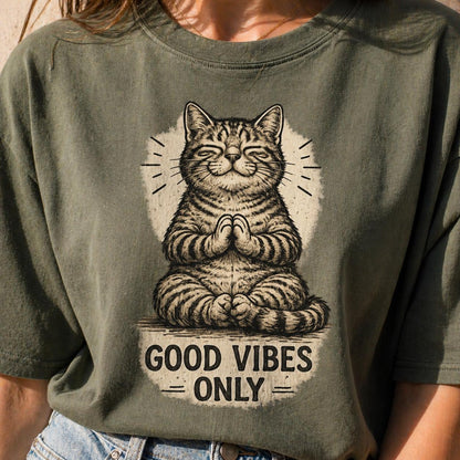 Good Vibes Only Cat Shirt, Meditating Cat Tee, Cute Funny Cat Lover Gift, Aesthetic Vintage Cat Graphic T-Shirt