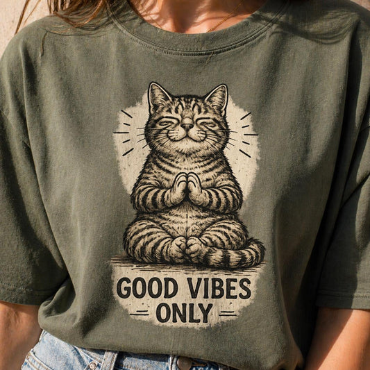Good Vibes Only Cat Shirt, Meditating Cat Tee, Cute Funny Cat Lover Gift, Aesthetic Vintage Cat Graphic T-Shirt