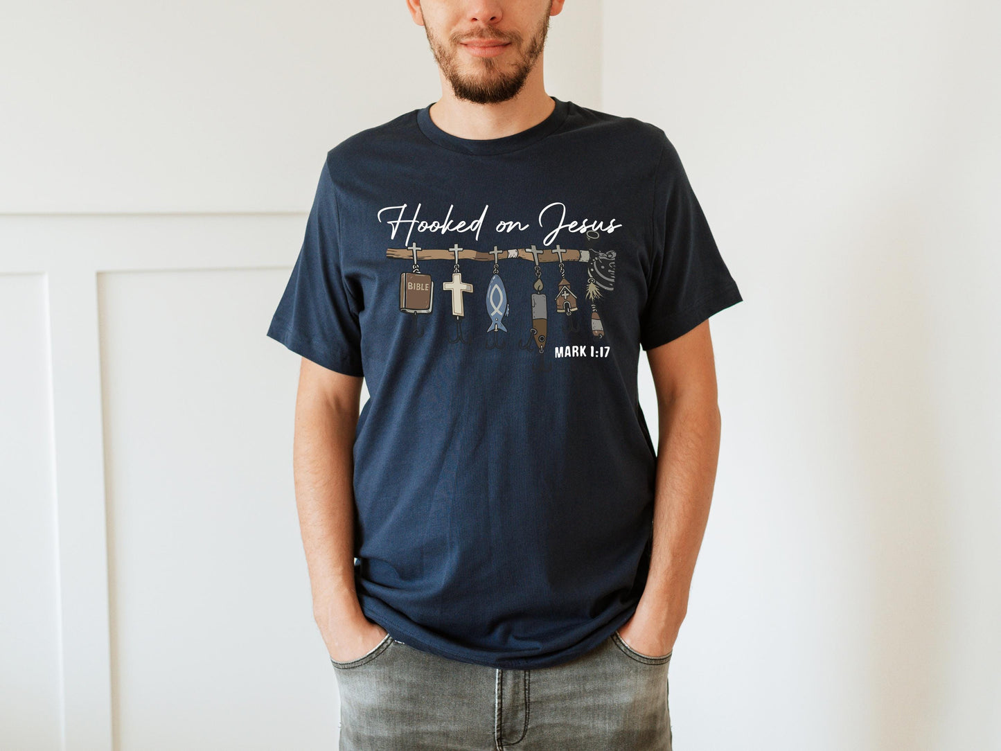 Hooked on Jesus Fishing T-Shirt Mark 1:17 Christian Gift Faith Apparel
