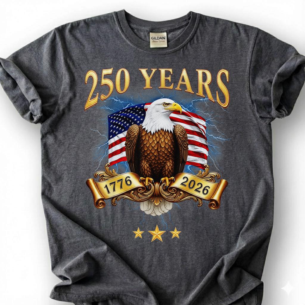 250 Years 1776 2026 Bald Eagle USA Flag Banner Shirt, Patriotic 4th Of July Tee, Semiquincentennial Gift, Vintage Gold Americana Apparel