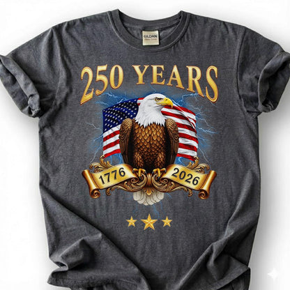 250 Years 1776 2026 Bald Eagle USA Flag Banner Shirt, Patriotic 4th Of July Tee, Semiquincentennial Gift, Vintage Gold Americana Apparel
