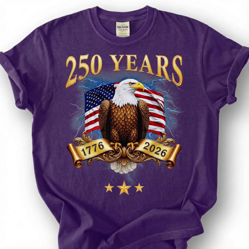 250 Years 1776 2026 Bald Eagle USA Flag Banner Shirt, Patriotic 4th Of July Tee, Semiquincentennial Gift, Vintage Gold Americana Apparel
