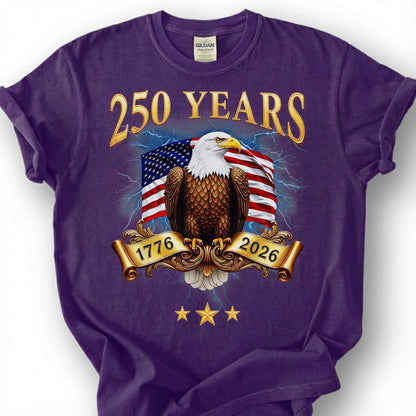 250 Years 1776 2026 Bald Eagle USA Flag Banner Shirt, Patriotic 4th Of July Tee, Semiquincentennial Gift, Vintage Gold Americana Apparel